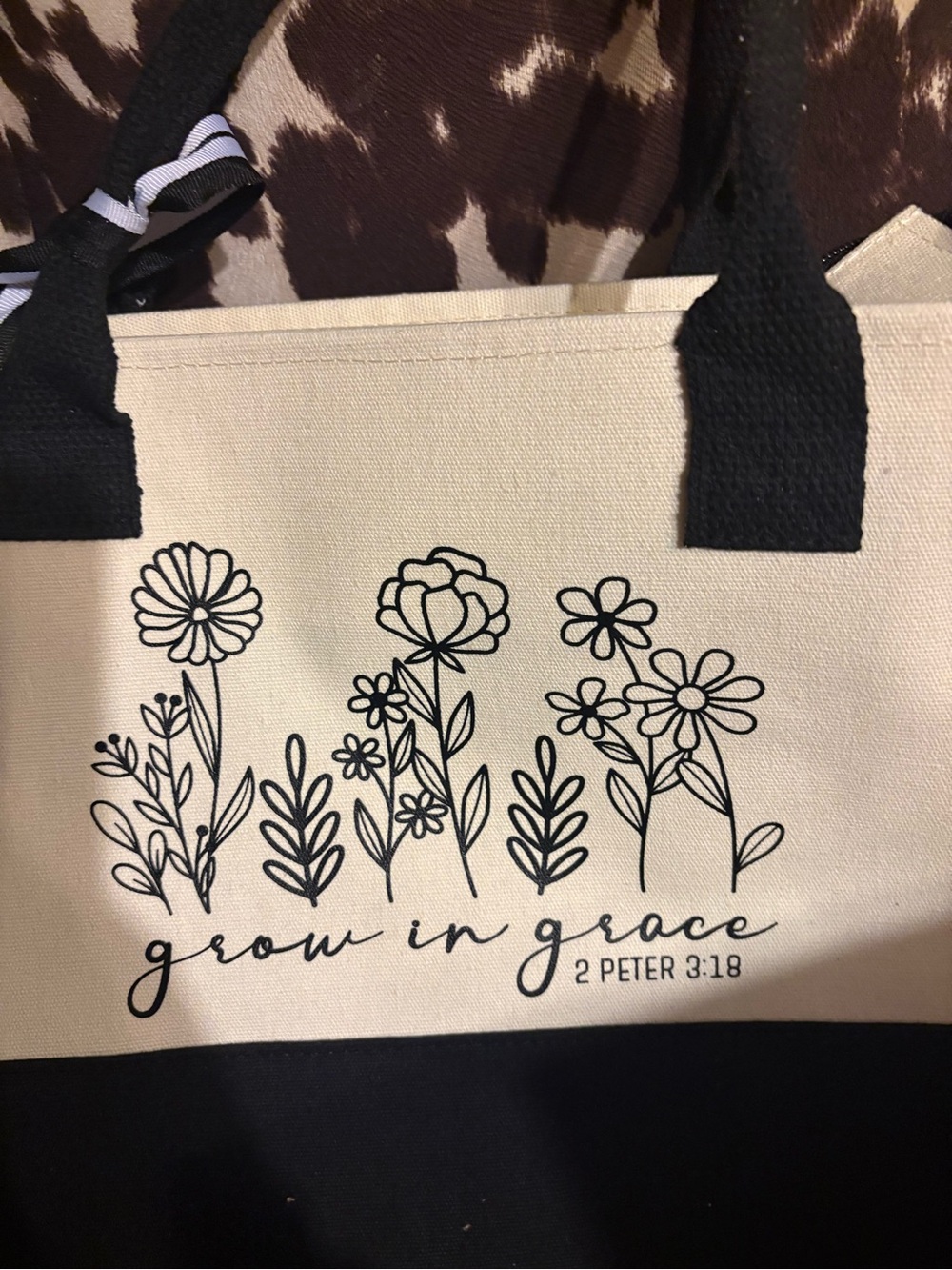 Canvas Floral Tote Bag in Cream and Black - Grow in Grace